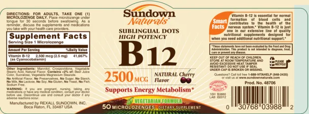 Label for Sublinqual Dots High Potency B12 2500 mcg Natural Cherry Flavor