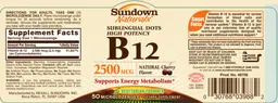 Label for Sublinqual Dots High Potency B12 2500 mcg Natural Cherry Flavor