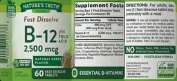 Label for Fast Dissolve B-12 2,500 mg plus Folic Acid Natural Berry Flavor