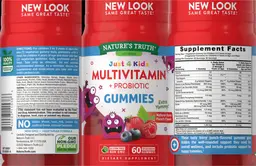 Label for Just 4 Kidz Multivitamin + Probiotic Gummies Natural Berry Punch Flavor