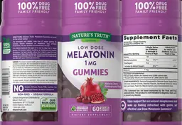 Label for Low Dose Melatonin 1 mg Gummies Natural Cherry Pomegranate Flavor