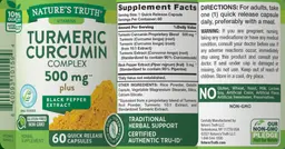 Label for Turmeric Curcumin Complex 500 mg plus Black Pepper Extract