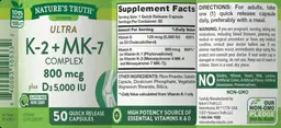 Label for Ultra K-2 +MK-7 Complex 800 mcg plus D3 5,000 IU
