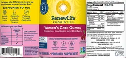 Label for Probiotics Women's Care Gummy Cherry Flavored