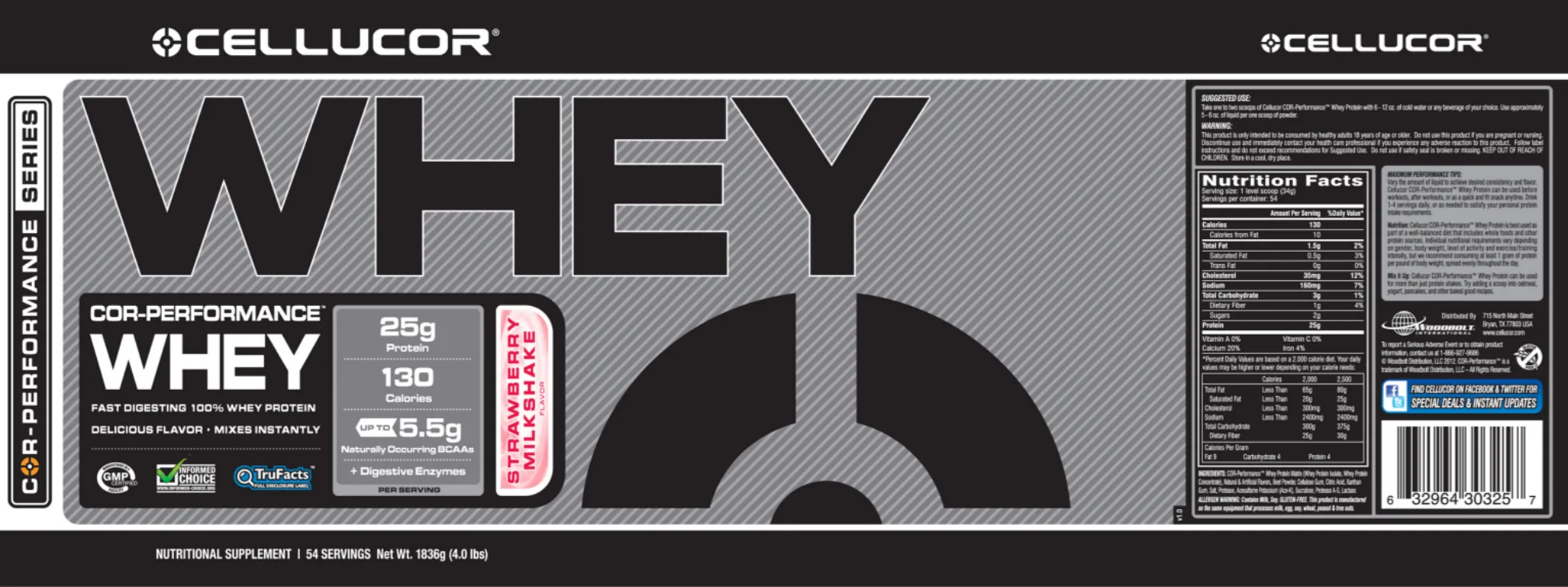 Label for COR-Performance Whey Strawberry Milkshake Flavor