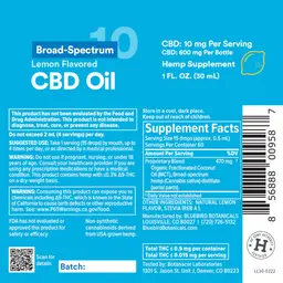 Label for Broad-Spectrum CBD Oil 10 mg Lemon Flavored