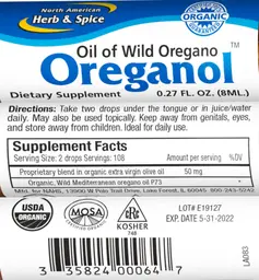 Label for Oreganol Oil of Wild Oregano