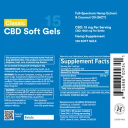Label for Classic CBD Soft Gels 15 mg