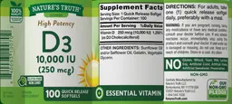 Label for High Potency D3 10,000 IU (250 mcg)