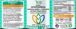 Label for Organic Ashwagandha Rhodiola rosea + L-Theanine with Black Pepper Extract