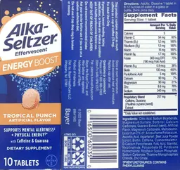 Label for Alka-Seltzer Energy Boost Tropical Punch