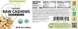 Label for Organic Raw Cashews Whole & Pieces