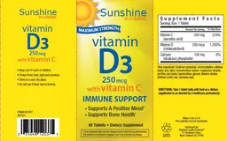 Label for Maximum Strength Vitamin D3 250 mcg with Vitamin C