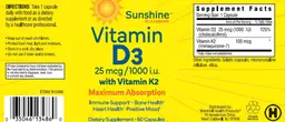 Label for Vitamin D3 25 mcg/1000 IU with Vitamin K2