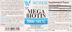 Label for Mega Biotin 5000 mcg