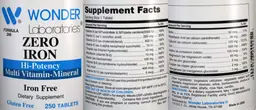 Label for Zero Iron Hi-Potency Multi Vitamin-Mineral