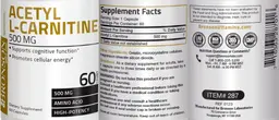 Label for Acetyl L-Carnitine 500 mg