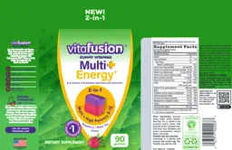 Label for Multi + Energy Gummy Vitamins Raspberry + Black Tea Flavor