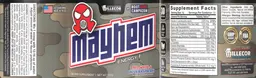 Label for Mayhem Energy Red, White, & Blue Raspberry