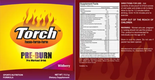 Label for Torch Pre-Burn Pre-Workout Drink Wildberry