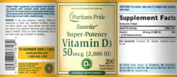 Label for Sunvite Super-Potency Vitamin D3 50 mcg (2,000 IU)