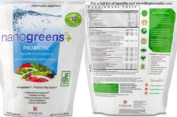 Label for NanoGreens10+ Probiotic Natural Green Apple Flavor