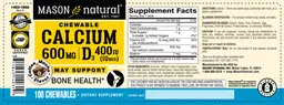 Label for Chewable Calcium 600 mg | D3 400 IU (10 mcg) Coffee Mocha Flavor