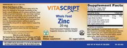 Label for Whole Food Zinc 20 mg