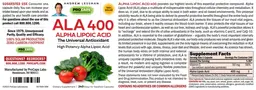 Label for ALA 400 Alpha Lipoic Acid