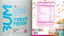 Label for BUM Itholate Protein Birthday Cake