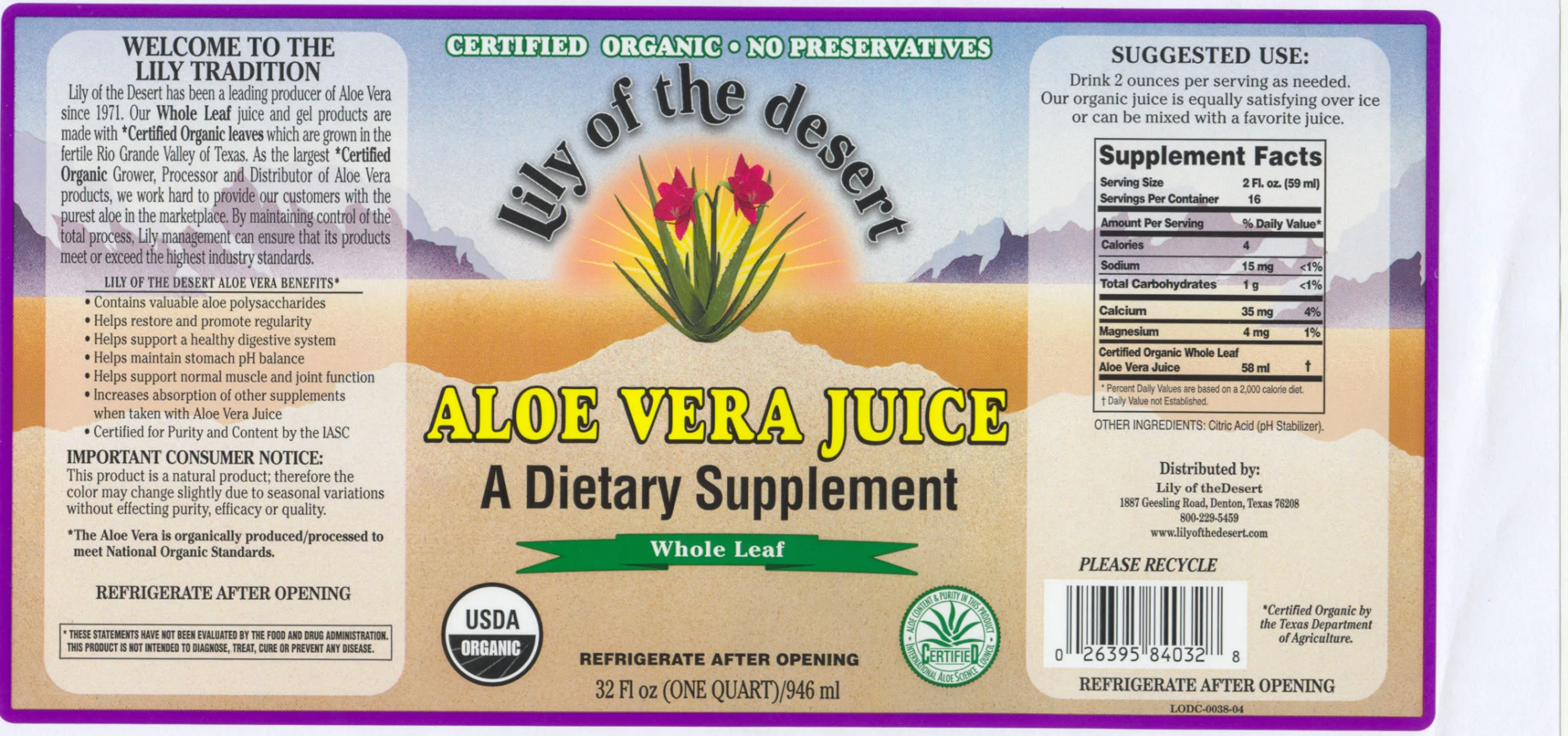 Label for Aloe Vera Juice Whole Leaf