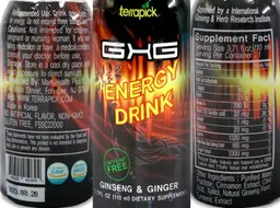 Label for GXG Energy Drink Ginseng & Ginger
