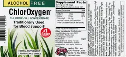 Label for ChlorOxygen Chlorophyll Concentrate Alcohol Free