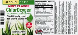 Label for ChlorOxygen Chlorophyll Concentrate Alcohol Free Mint Flavor