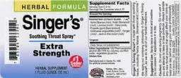 Label for Singer's Soothing Throat Spray Extra Strength
