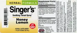Label for Singer's Soothing Throat Spray Honey Lemon