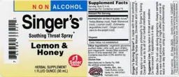Label for Singer's Soothing Throat Spray Lemon & Honey