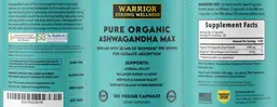 Label for Pure Organic Ashwagandha Max 2400 mg
