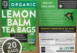 Label for Organic Lemon Balm Tea Bags
