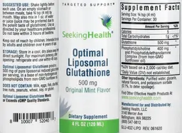 Label for Optimal Liposomal Glutathione 500 mg Original Mint Flavor