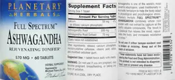 Label for Full Spectrum Ashwagandha 570 mg