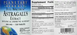 Label for Full Spectrum Astragalus Extract 500 mg