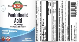 Label for Pantothenic Acid 1000 mg