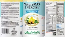 Label for NatureMAX ENERGIZE Whey Protein Natural Vanilla Flavor