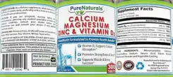 Label for Calcium Magnesium Zinc & Vitamin D3