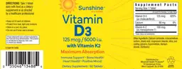 Label for Vitamin D3 125 mcg/5000 IU with Vitamin K2