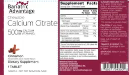 Label for Chewable Calcium Citrate 500 mg Calcium 500 IU Vitamin D3 Cinnamon