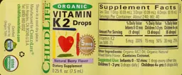 Label for Organic Vitamin K2 Drops 5 mcg Natural Berry Flavor