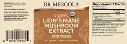 Label for Organic Lion's Mane Mushroom Extract 500 mg