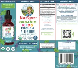 Label for Organic Kids Focus & Attention Liquid Extract